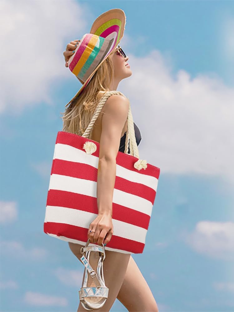 AFKOMST Canvas Shoulder Bag for Women Waterproof Beach Bag Striped Tote bag with Top Zip Closure | Waterproof