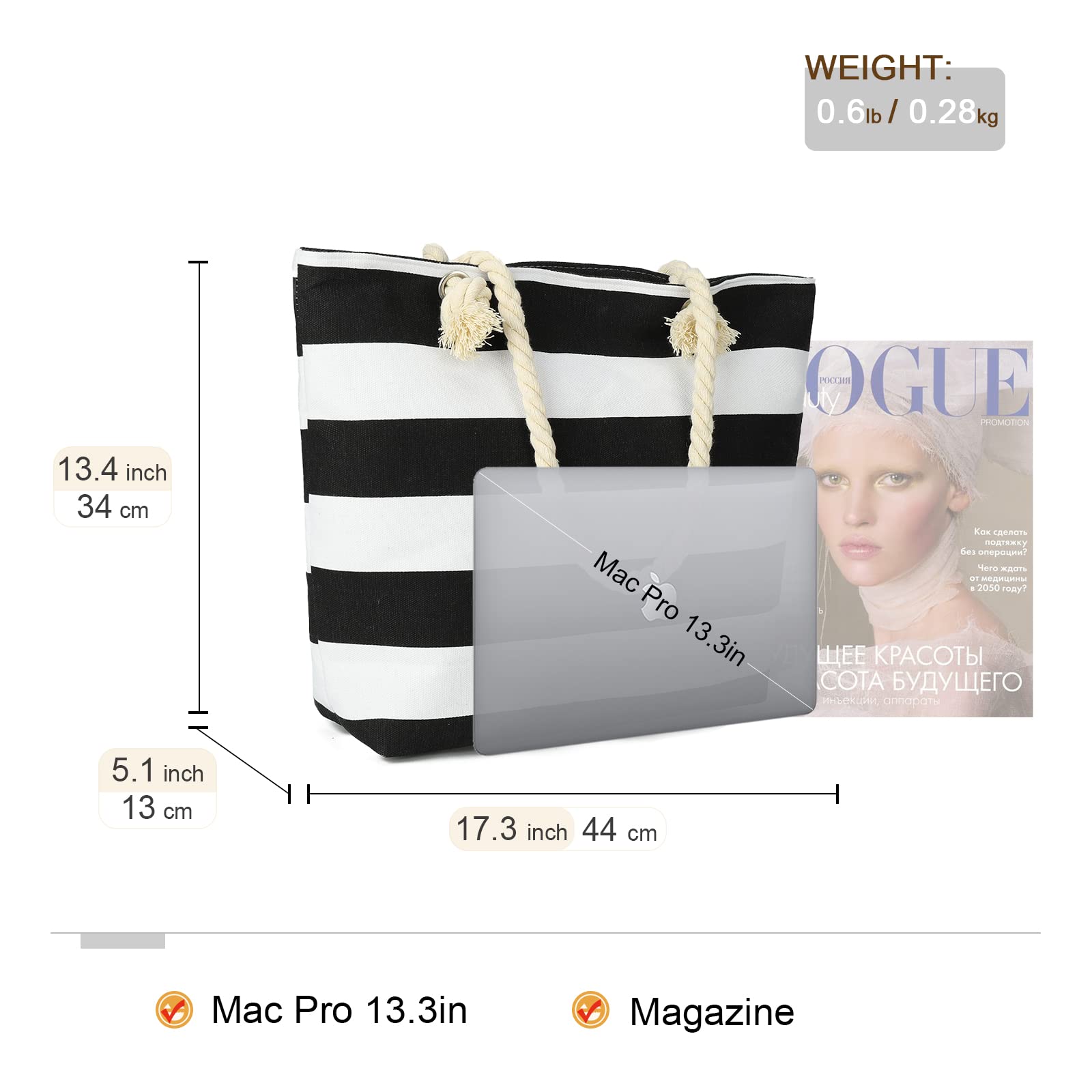 AFKOMST Canvas Shoulder Bag for Women Waterproof Beach Bag Striped Tote bag with Top Zip Closure | Waterproof