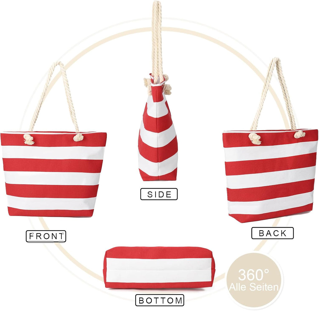 AFKOMST Canvas Shoulder Bag for Women Waterproof Beach Bag Striped Tote bag with Top Zip Closure | Waterproof