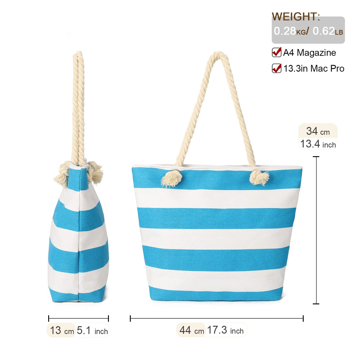 AFKOMST Canvas Shoulder Bag for Women Waterproof Beach Bag Striped Tote bag with Top Zip Closure | Waterproof