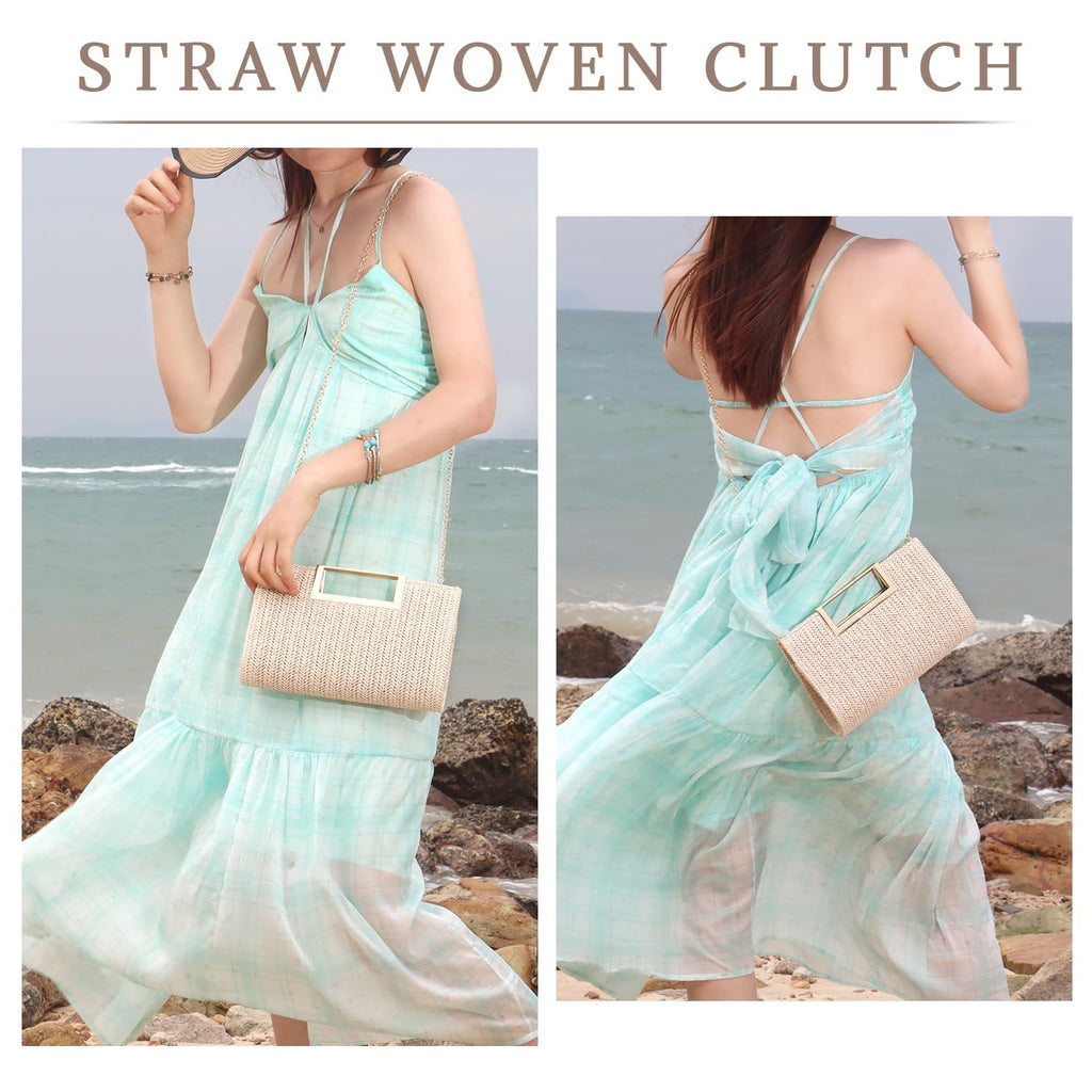 LHHMZ Top Handle Straw Clutch for Women Summer Clutch Straw Evening Bag Raffia Shoulder Bag Woven Beach Clutch