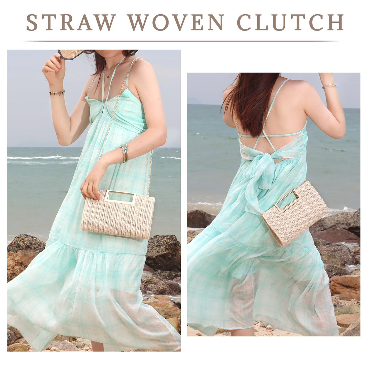 LHHMZ Top Handle Straw Clutch for Women Summer Clutch Straw Evening Bag Raffia Shoulder Bag Woven Beach Clutch