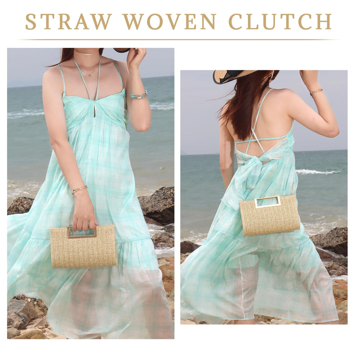 LHHMZ Top Handle Straw Clutch for Women Summer Clutch Straw Evening Bag Raffia Shoulder Bag Woven Beach Clutch