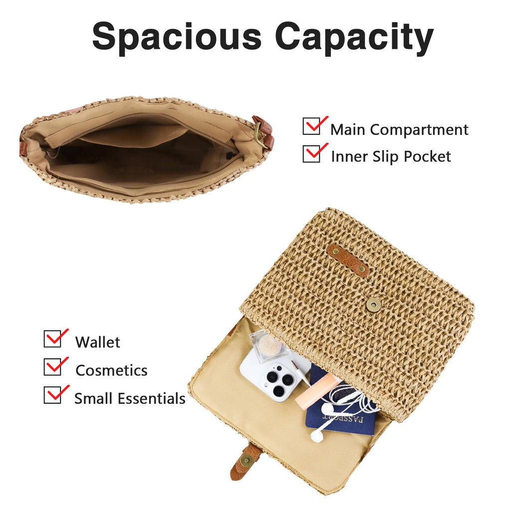 Women's Cross-body Bags, Paper Straw Woven Crossbody Bags for Women, Summer Straw Beach Shoulder Bag Casual Vacation Handbag with Adjustable Strap