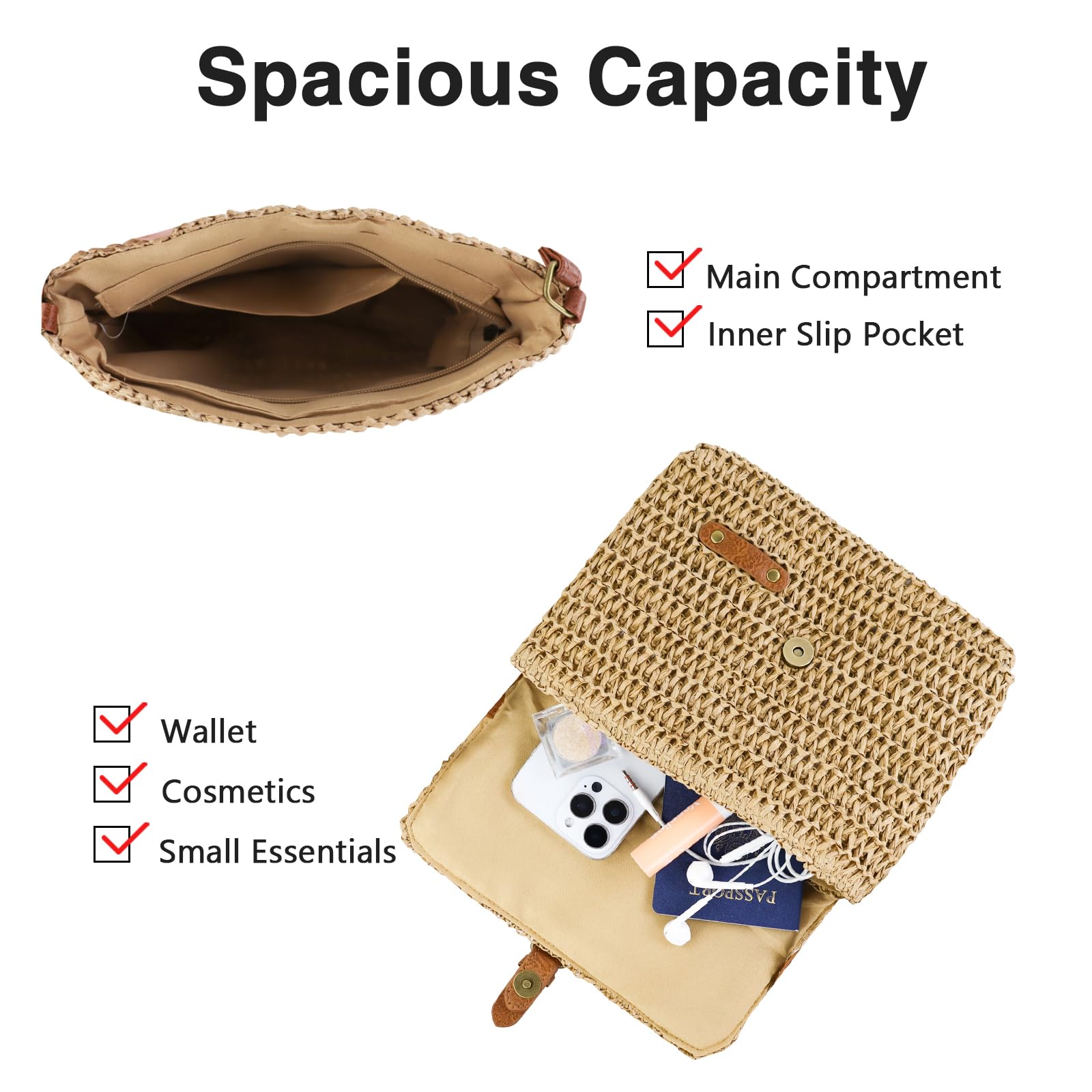 Women's Cross-body Bags, Paper Straw Woven Crossbody Bags for Women, Summer Straw Beach Shoulder Bag Casual Vacation Handbag with Adjustable Strap
