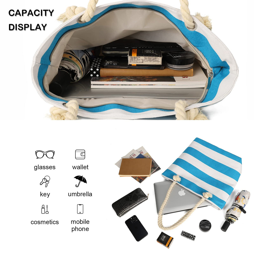 AFKOMST Canvas Shoulder Bag for Women Waterproof Beach Bag Striped Tote bag with Top Zip Closure | Waterproof