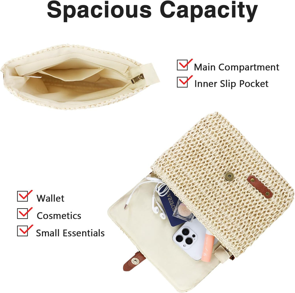 Women's Cross-body Bags, Paper Straw Woven Crossbody Bags for Women, Summer Straw Beach Shoulder Bag Casual Vacation Handbag with Adjustable Strap