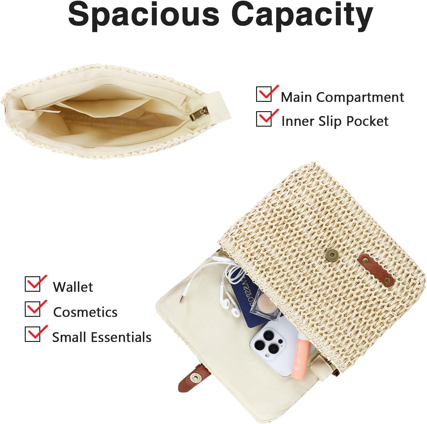 Women's Cross-body Bags, Paper Straw Woven Crossbody Bags for Women, Summer Straw Beach Shoulder Bag Casual Vacation Handbag with Adjustable Strap