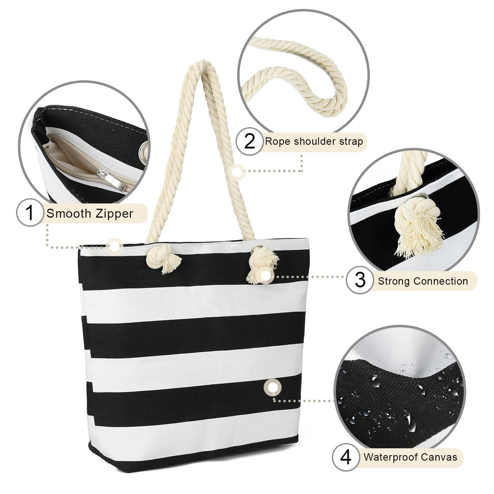 AFKOMST Canvas Shoulder Bag for Women Waterproof Beach Bag Striped Tote bag with Top Zip Closure | Waterproof