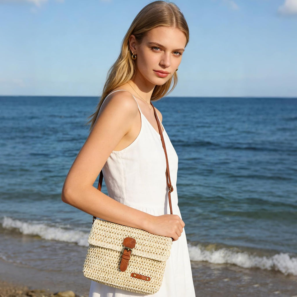 Women's Cross-body Bags, Paper Straw Woven Crossbody Bags for Women, Summer Straw Beach Shoulder Bag Casual Vacation Handbag with Adjustable Strap