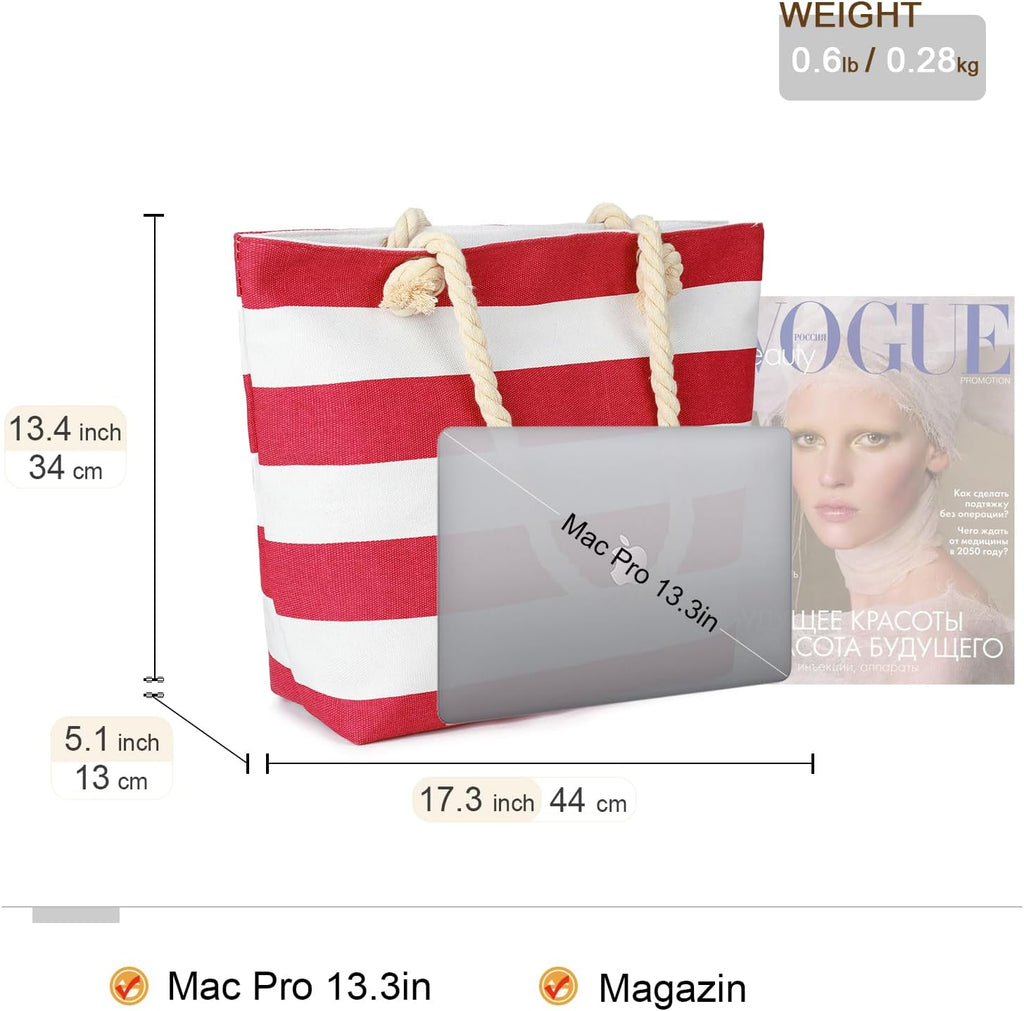 AFKOMST Canvas Shoulder Bag for Women Waterproof Beach Bag Striped Tote bag with Top Zip Closure | Waterproof
