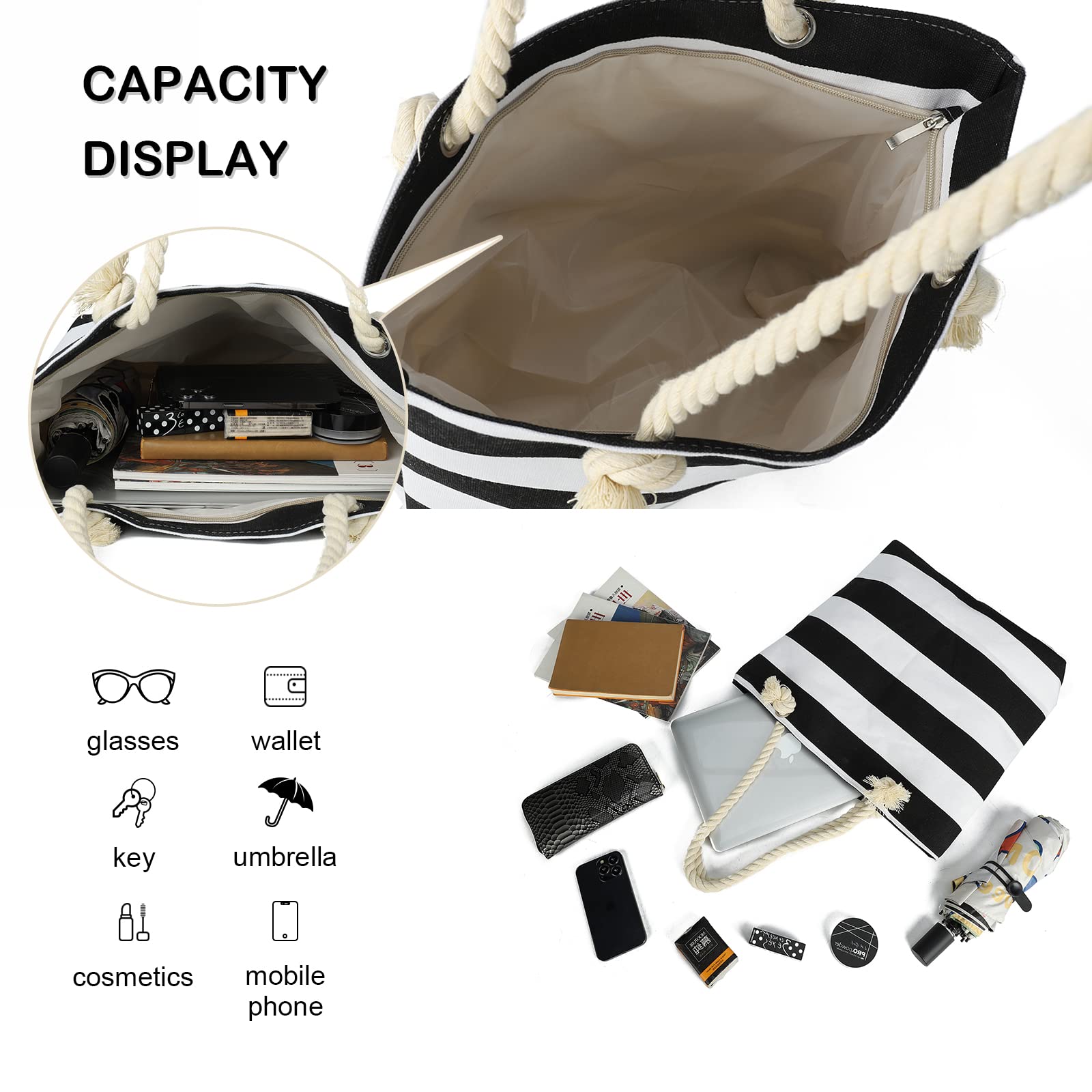 AFKOMST Canvas Shoulder Bag for Women Waterproof Beach Bag Striped Tote bag with Top Zip Closure | Waterproof