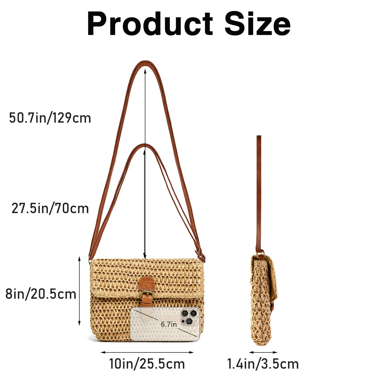 Women's Cross-body Bags, Paper Straw Woven Crossbody Bags for Women, Summer Straw Beach Shoulder Bag Casual Vacation Handbag with Adjustable Strap