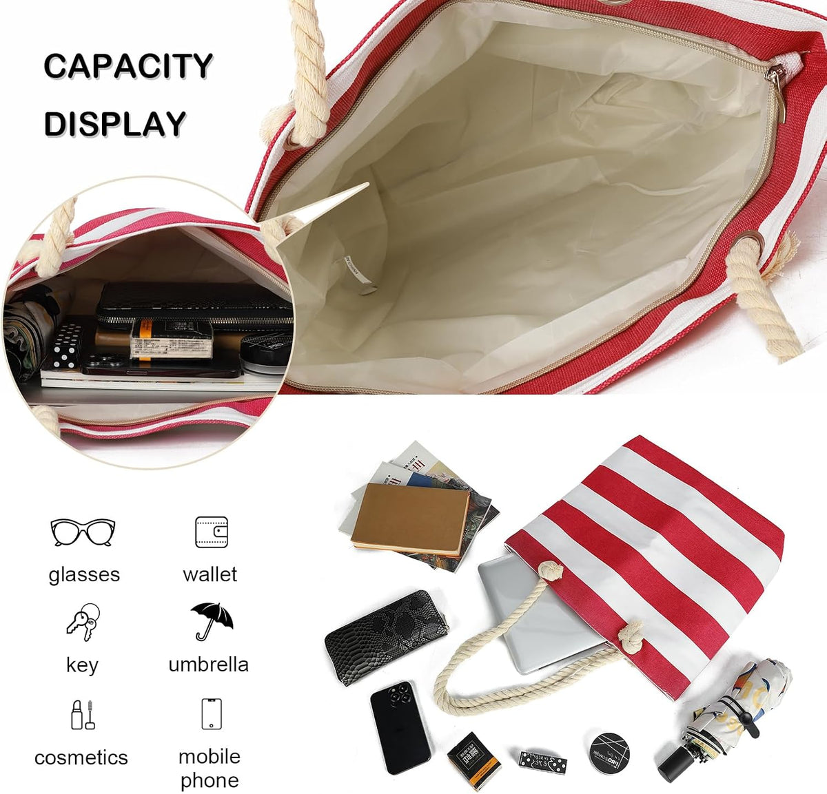 AFKOMST Canvas Shoulder Bag for Women Waterproof Beach Bag Striped Tote bag with Top Zip Closure | Waterproof