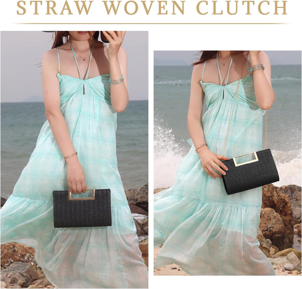 LHHMZ Top Handle Straw Clutch for Women Summer Clutch Straw Evening Bag Raffia Shoulder Bag Woven Beach Clutch