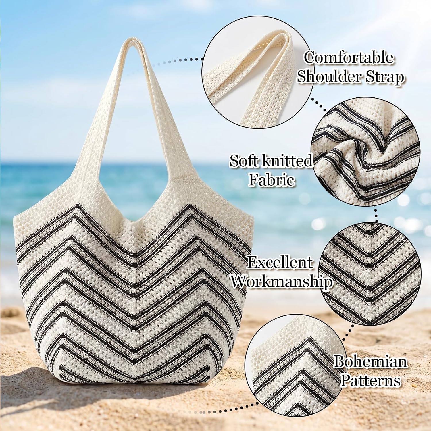 Beach Bags for Women Large Beach Tote Bag Summer Crochet Straw Woven Boho Holiday Shoulder Handbag